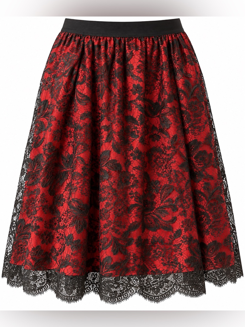Jacob Red Satin Skirt with Black Lace Overlay